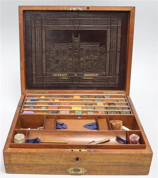 A Victorian J. Newmans Manufactory of Soho Square mahogany artistss box, 13.75 x 11in.